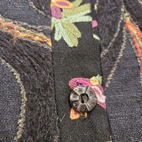 Vtg Embroidered Floral Vest Womens S Black Wool Silk Multi Cottagecore Button Up - Picture 4 of 9